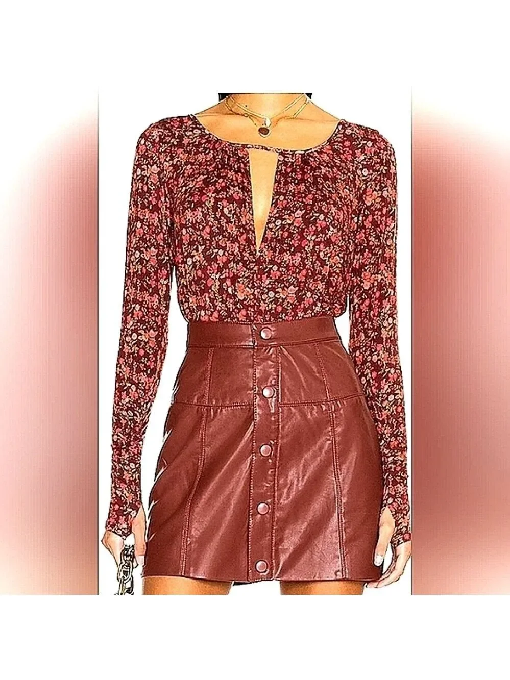 FREE PEOPLE SIZE XS FALL‎ TOP FLORAL KAYA PRINTED THONG BODYSUIT CHOCOLATE
